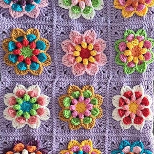 Crochet Purple Flower Blanket,Crocheted Granny Square Throw,Multicolor Knit Afghan,Handmade 3D Rose Bedspread,Mother&#39;s Day Gift,Gift for Her