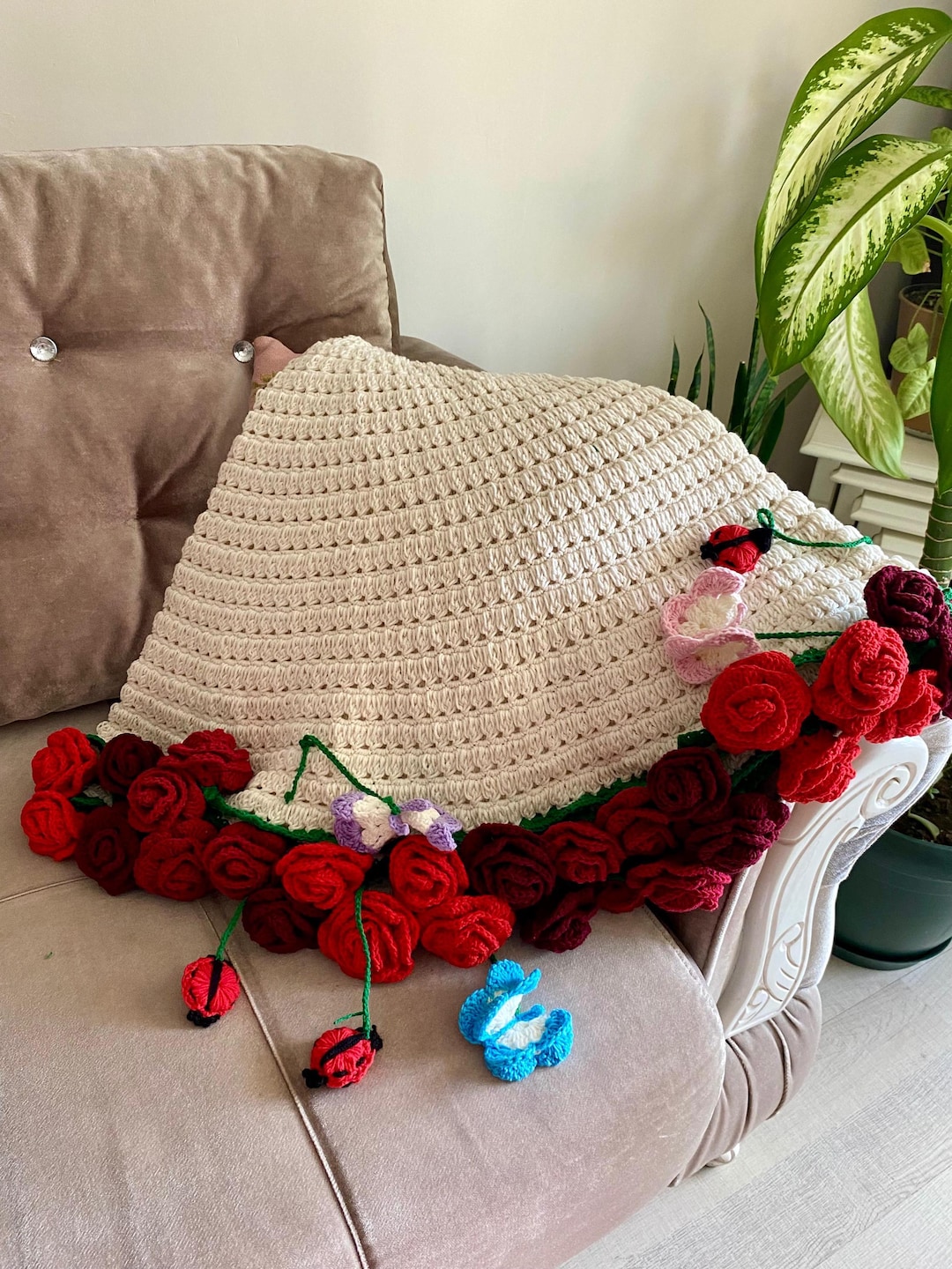 花束ブランケット ハンドメイド 80cm かぎ針編み バラのブーケ