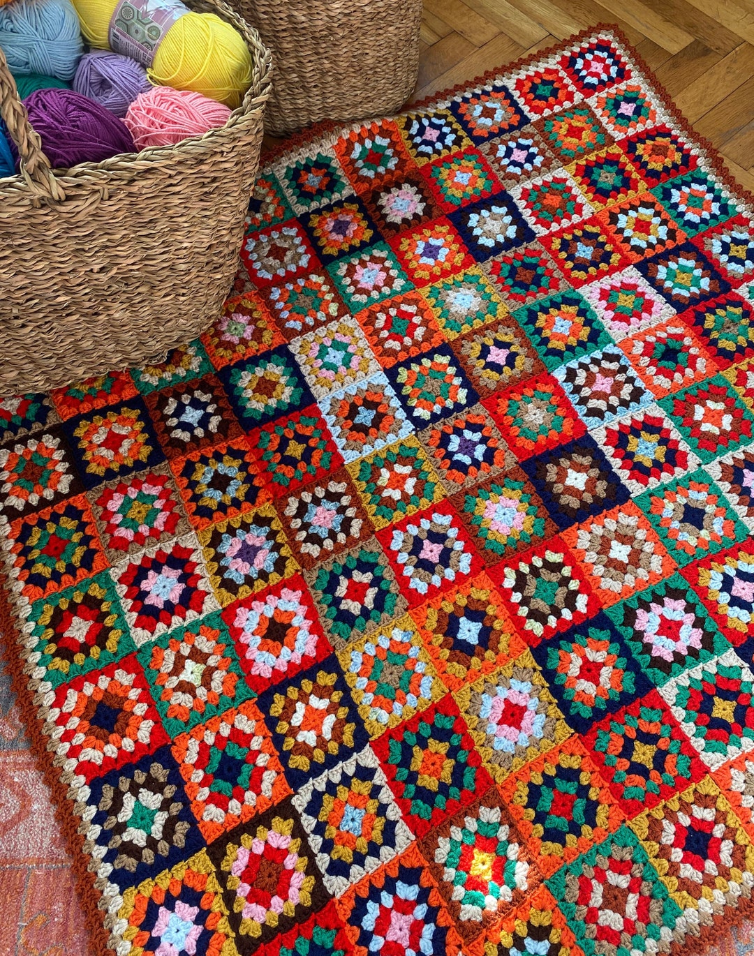 Boho Throw, Granny Square Afghan, Vintage Afghan Throw