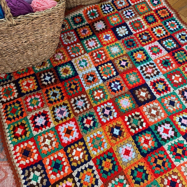 Manta de abuela cuadrada de ganchillo, manta de abuela, colcha de abuela cuadrada, manta de sofá, manta de patchwork de ganchillo, manta retro, manta colorida