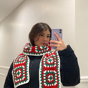 Handmade Crochet Scarf,Cristmas Scarf,Crochet Granny Square Scarf,Xmas Scarf,Knitted Red and Green Scarf,Gift for Christmas,Gift for Xmas