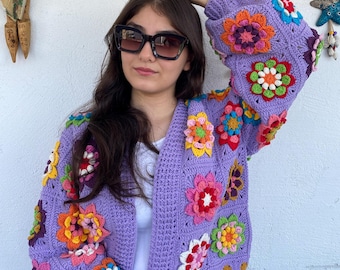 Cardigã roxo de crochê com flor 3D, jaqueta colorida, suéter feito à mão, suéter de tricô, cardigã boho, presente para o Dia das Mães