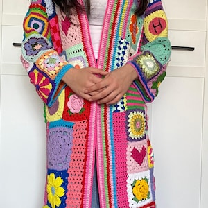 Crochet Long Granny Square Cardigan,beige Afghan Patchwork Crochet Long Granny Square Cardigan,beige Afghan Patchwork