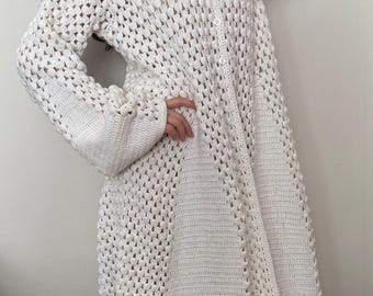 Crochet Long Cardigan, Vintage Style Maxi Coat, Clothing,1970's Evening Coat, Maria Callas Cardigan, Angelina White Dress,Crochet Long Robe