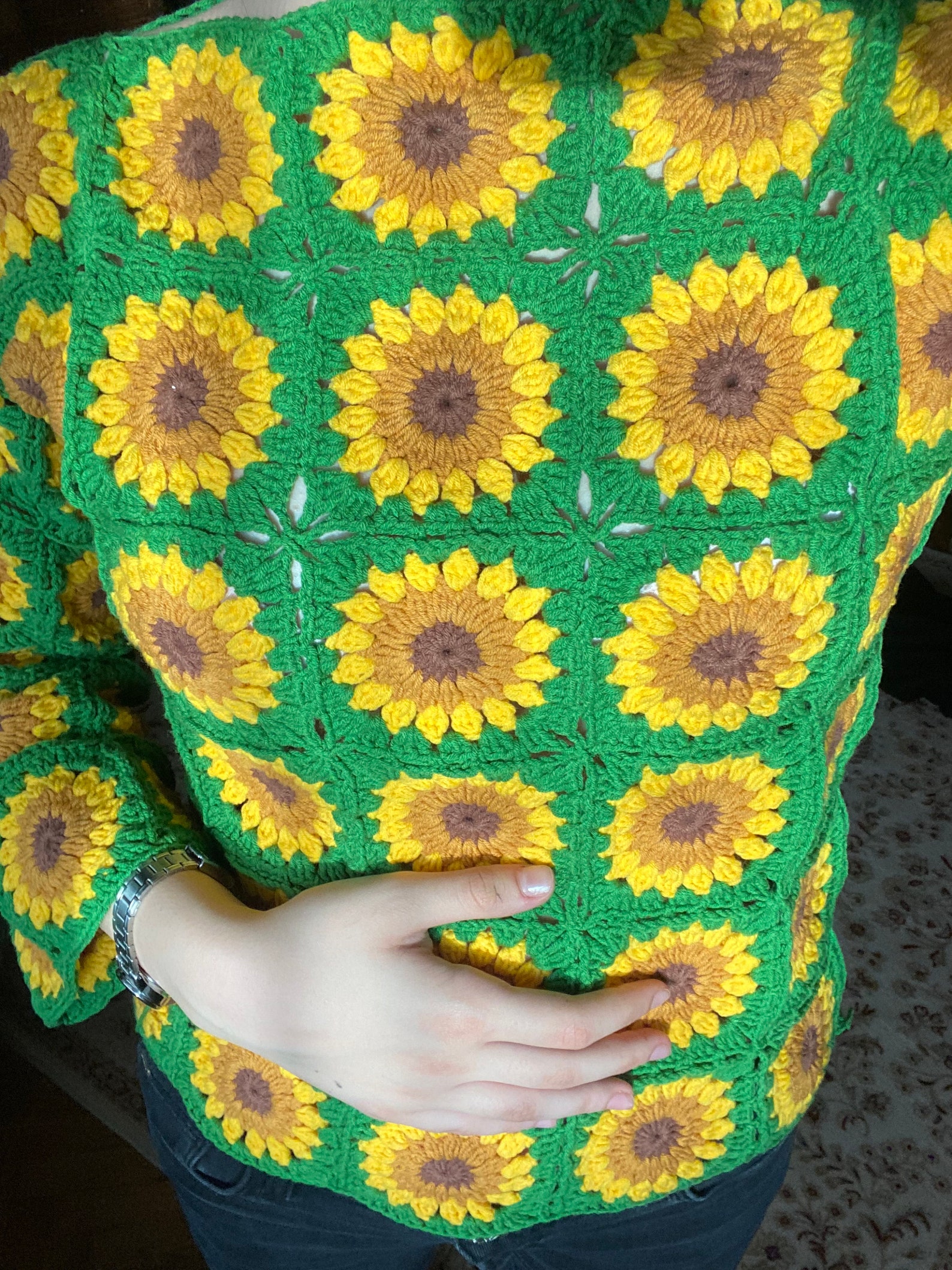 Crochet Sweater crocheted Sunflower Sweater knit Hippie Boho Festival