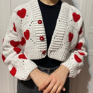 Crochet Heart Cardigan,Knitted Red Heart Crop,Granny Square Jumper, Crochet Mini Jacket, Festival Jacket, Valentine's Day Gift,Gift for Her