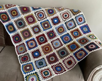 Crochet Wool Blanket,Granny Square Blanket,White Afghan,Custom Blanket,Handmade Patchwork Throw,Knit Seat Cover,Eclectic Home Decor