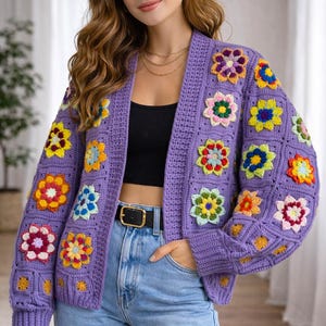 Cárdigan de ganchillo morado con flores 3D, chaqueta colorida, jersey hecho a mano, suéter de punto, cárdigan bohemio, suéter de punto estilo cottagecore de ganchillo imagen 10