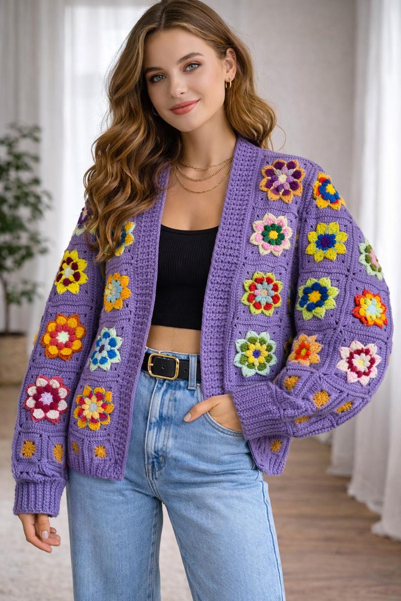 Cárdigan de ganchillo morado con flores 3D, chaqueta colorida, jersey hecho a mano, suéter de punto, cárdigan bohemio, suéter de punto estilo cottagecore de ganchillo imagen 10