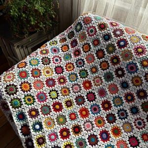 Crocheted  Roseanne&#39;s Granny Square Afghan Blanket, Colorful Bedspread,White Granny Square Afghan, Knitted Sofa Blanket, Mother&#39;s Day Gift