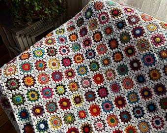 Crocheted  Roseanne&#39;s Granny Square Afghan Blanket, Colorful Bedspread,White Granny Square Afghan, Knitted Sofa Blanket, Mother&#39;s Day Gift