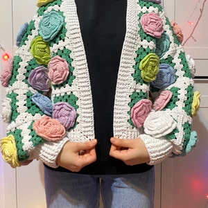 Crochet Rose Cardigan,Knitted Colorful Roses Coat, Boho 70's Clothing, Crochet Colorful Roses Jacket,Festival Jacket, Gift for Her