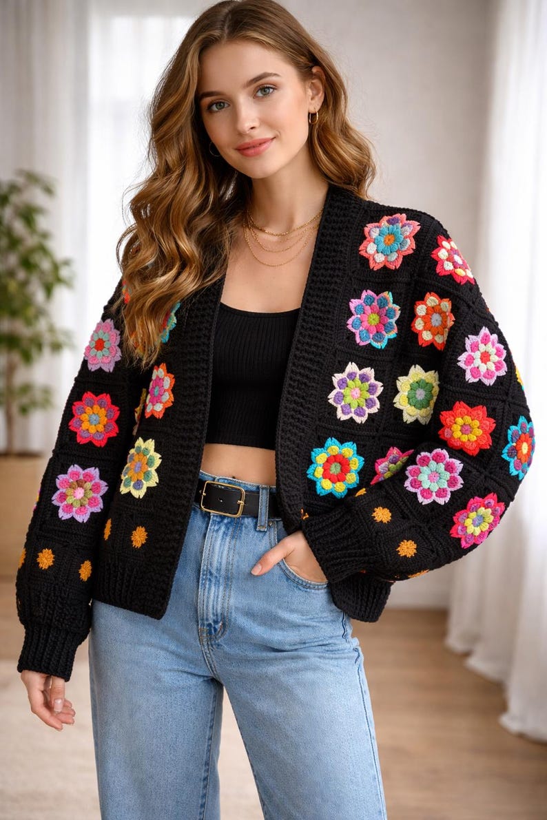 Cárdigan de ganchillo morado con flores 3D, chaqueta colorida, jersey hecho a mano, suéter de punto, cárdigan bohemio, suéter de punto estilo cottagecore de ganchillo Black