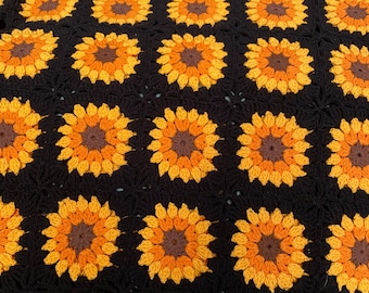 Manta cuadrada de abuela con girasoles de ganchillo, manta afgana de girasoles negros, colcha de ganchillo, manta retro tejida, regalo de Navidad, regalo para ella