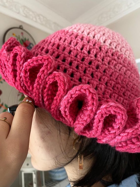 Crochet Ruffle Bucket Hat, Pink Crochet Frilly Cool Beanie Hat 