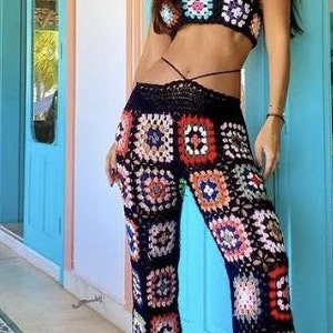 Crochet Granny Square Pants,Black Crochet Granny Square Trousers, Festival Clothing,70&#39;s Hippie Pants
