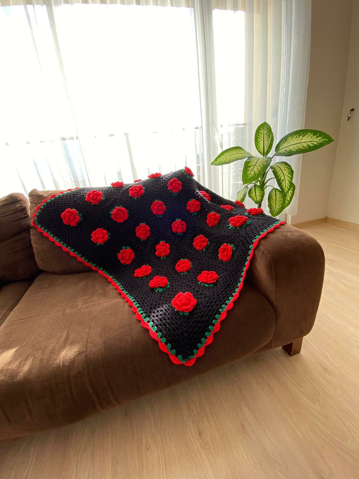 Crochet Red Rose Granny Square Blanket Bedspreadsofa Etsy