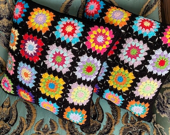 Crochet Pillow Cover,Afghan Pillow Cover, Crochet Granny Square Pillow Cover, Crocheted Boho Cushion, Retro Eclectic Home Decor