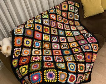 Crochet Roseanne Blanket, Black Throw, Granny Square Blanket, Boho Throw, Retro Granny Square Blanket, Christmas Gift, Gift for Her