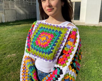 Crochet Granny Square Shrug,Handmade White Crop Top,Crochet Sweater,Knit Bolero Shrug,Festival Clothing,Long Sleeve Crop,Gift for Daughter