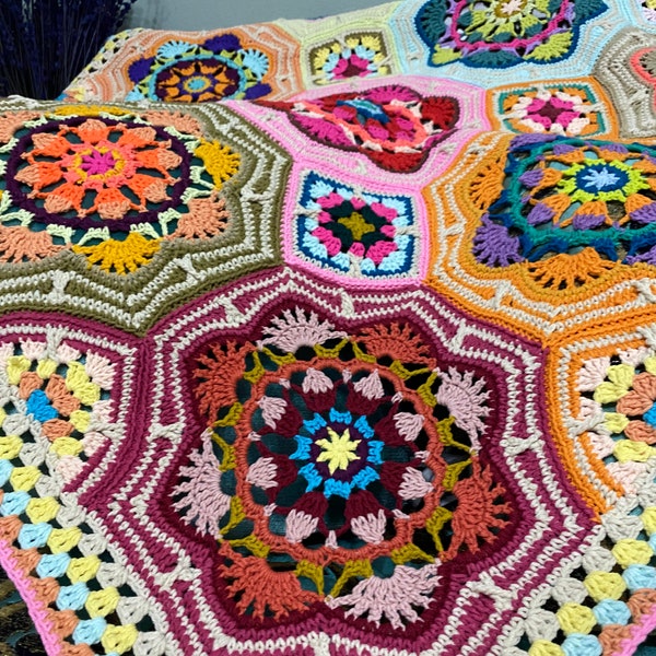 Crochet Persian Tiles Blanket,Crocheted Granny Square Mandala Throw,Multicolor Crochet Afghan Bedspread,Mother's Day Gift,Gift for Her