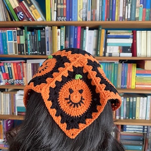 Halloween Crochet Bandana, Crochet Pumpkin, Black Head Scarf, Halloween Gift, Hair Kerchief,Hippie Clothing,Halloween Costume,Hair Accessory