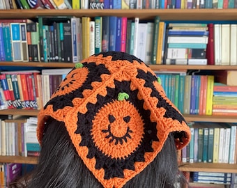 Halloween Crochet Bandana, Crochet Halloween Pumpkin Hair Accessory, Black Head Scarf, Halloween Gift, Hair Kerchief, Halloween Costume