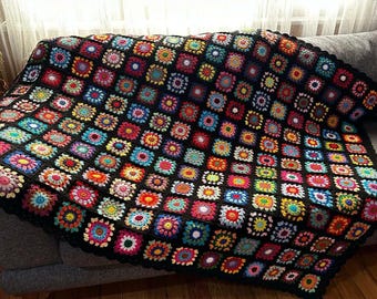 Crocheted Roseanne&#39;s Granny Square Blanket,Colorful Bedspread,Black Granny Square Afghan,Knit Sofa Throw,Mother&#39;s Day Gift,Christmas in July