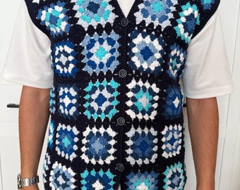 Crochet Granny Square Vest for Men, Colorful Crochet Sweater, Fathers Day Gift, Knit Men Buttoned  Waistcoat, Knit Festival Wear Men