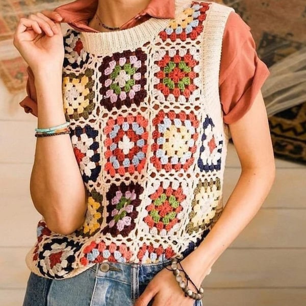 Gilet quadrato della nonna all'uncinetto, gilet all'uncinetto, abbigliamento Boho Hippie Festival, maglione patchwork lavorato a maglia, maglione Boho