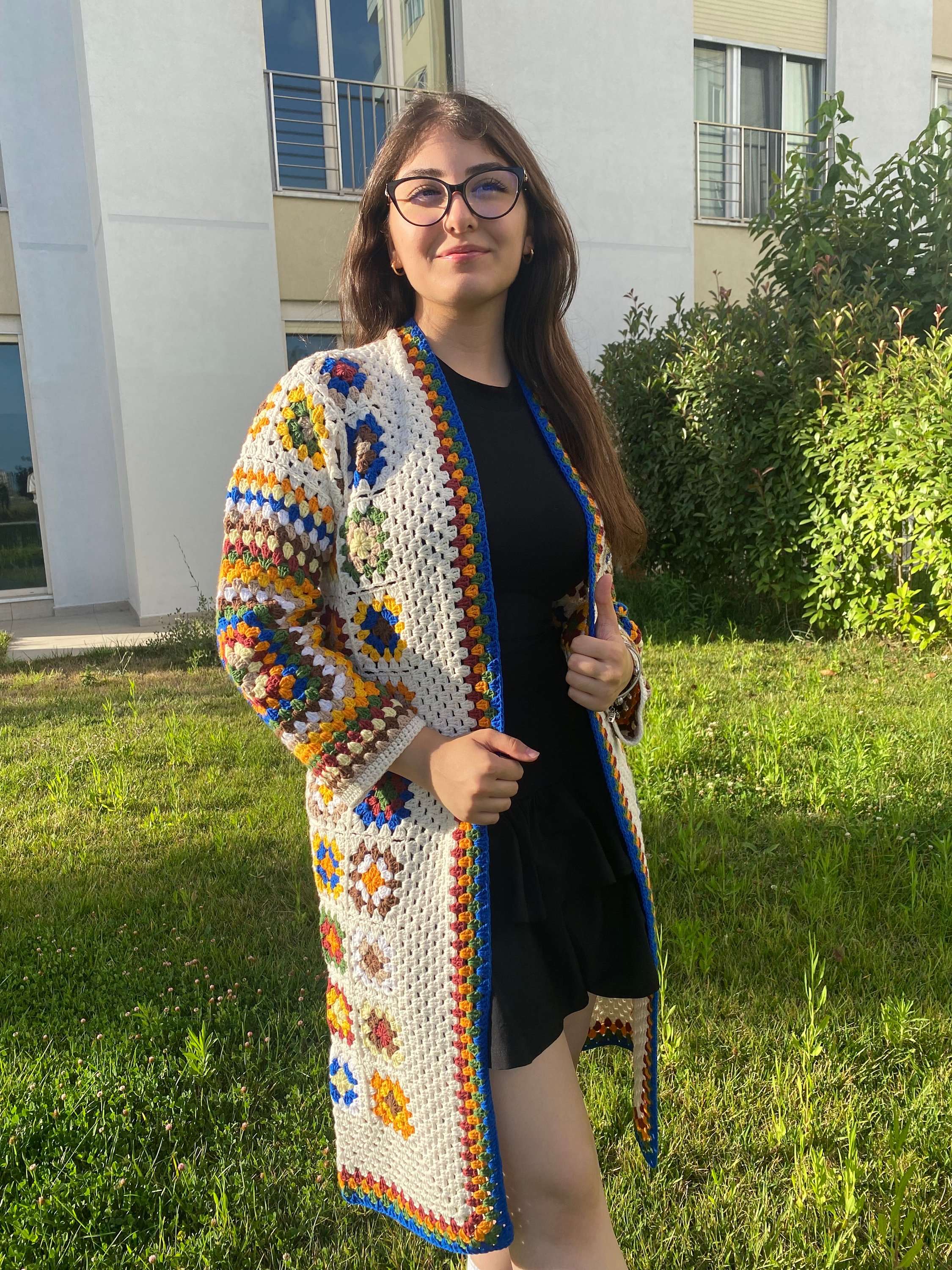 Handmade Crochet Granny Square Long Cardigan, Beige With