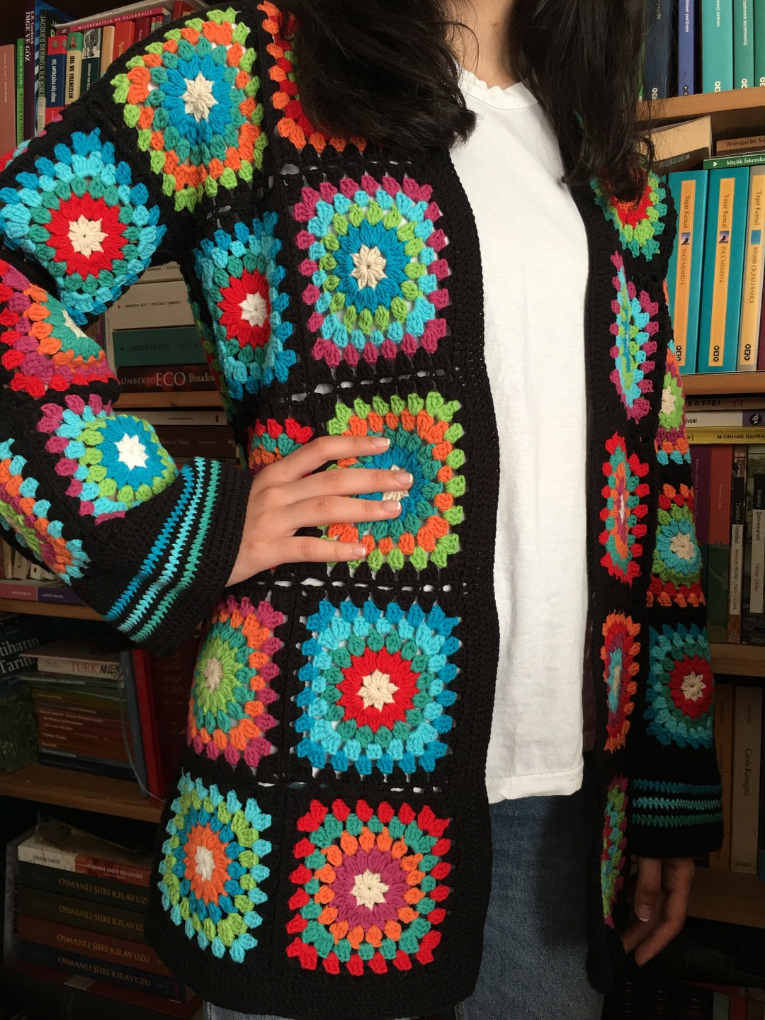 Cárdigan de abuela a crochet, abrigo hippie colorido, chaqueta de