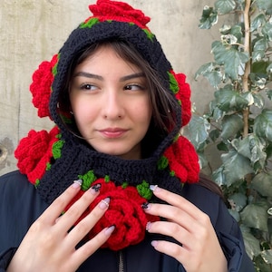 Gehäkelte 3D Jumbo Roses Balaclava,handgestrickte Wintermütze,gehäkelter Hoodie,Oma Quadrat Balaclava,gehäkelte Wintermütze,Unisex Balaclava,Weihnachtsgeschenk