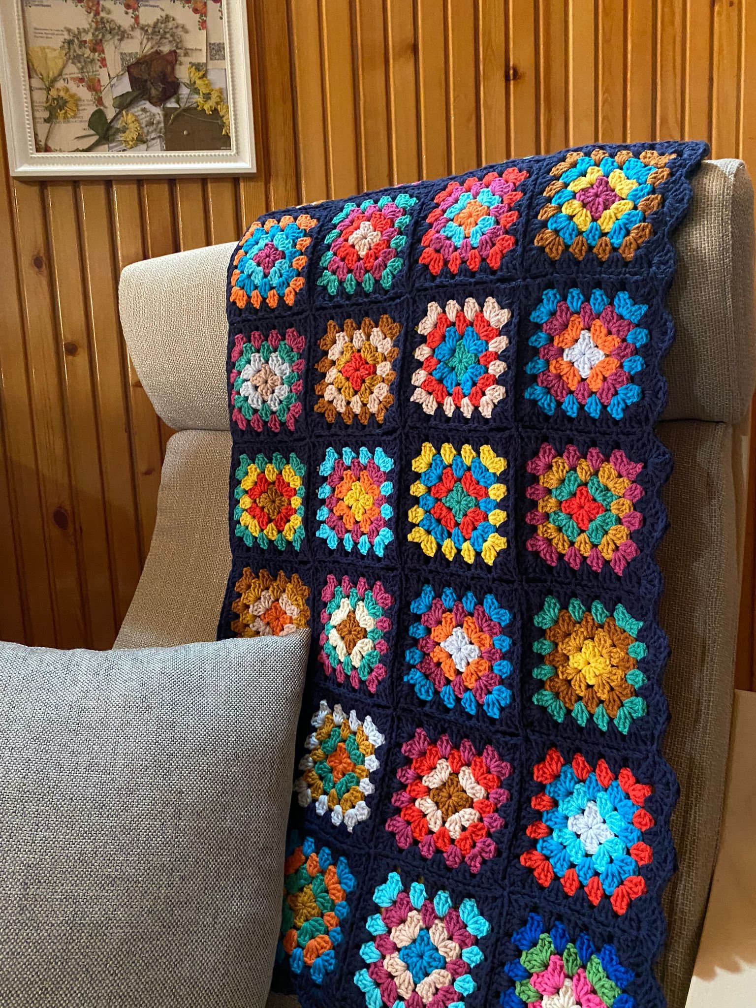 クロシェ編みのロザンヌブランケット、レトロなグランマスクエア