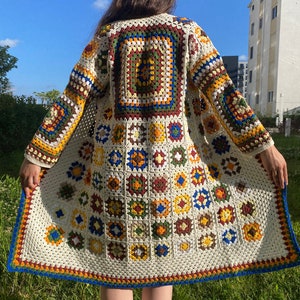 Handmade Crochet Granny Square Long Cardigan, Beige with Colorful Motifs, Boho Women's Fashion,Afghan Patchwork Coat,Beach cover-up,Gift Mom