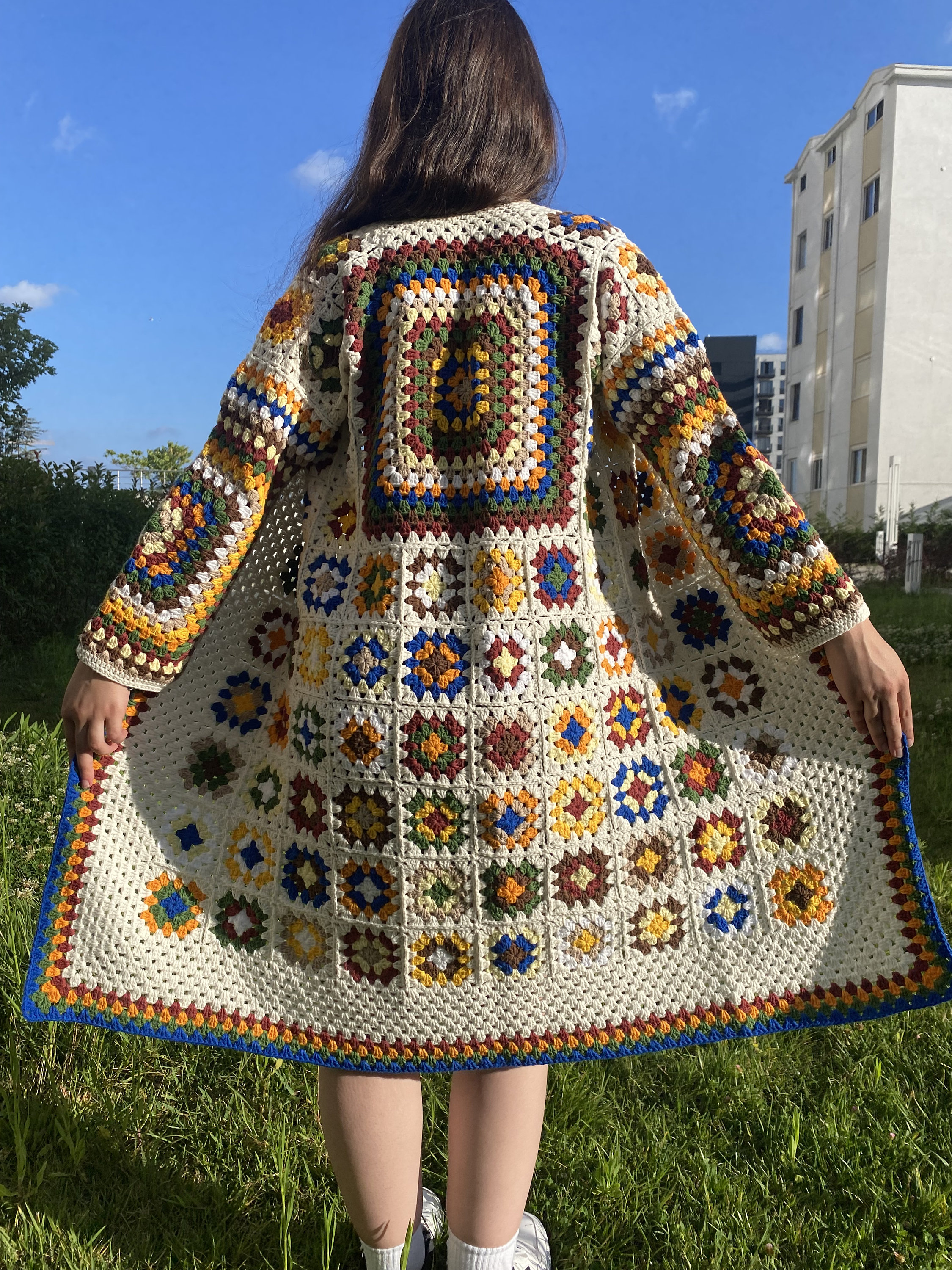 Crochet Cardigan, Granny Square Long Cardigan, Colorful