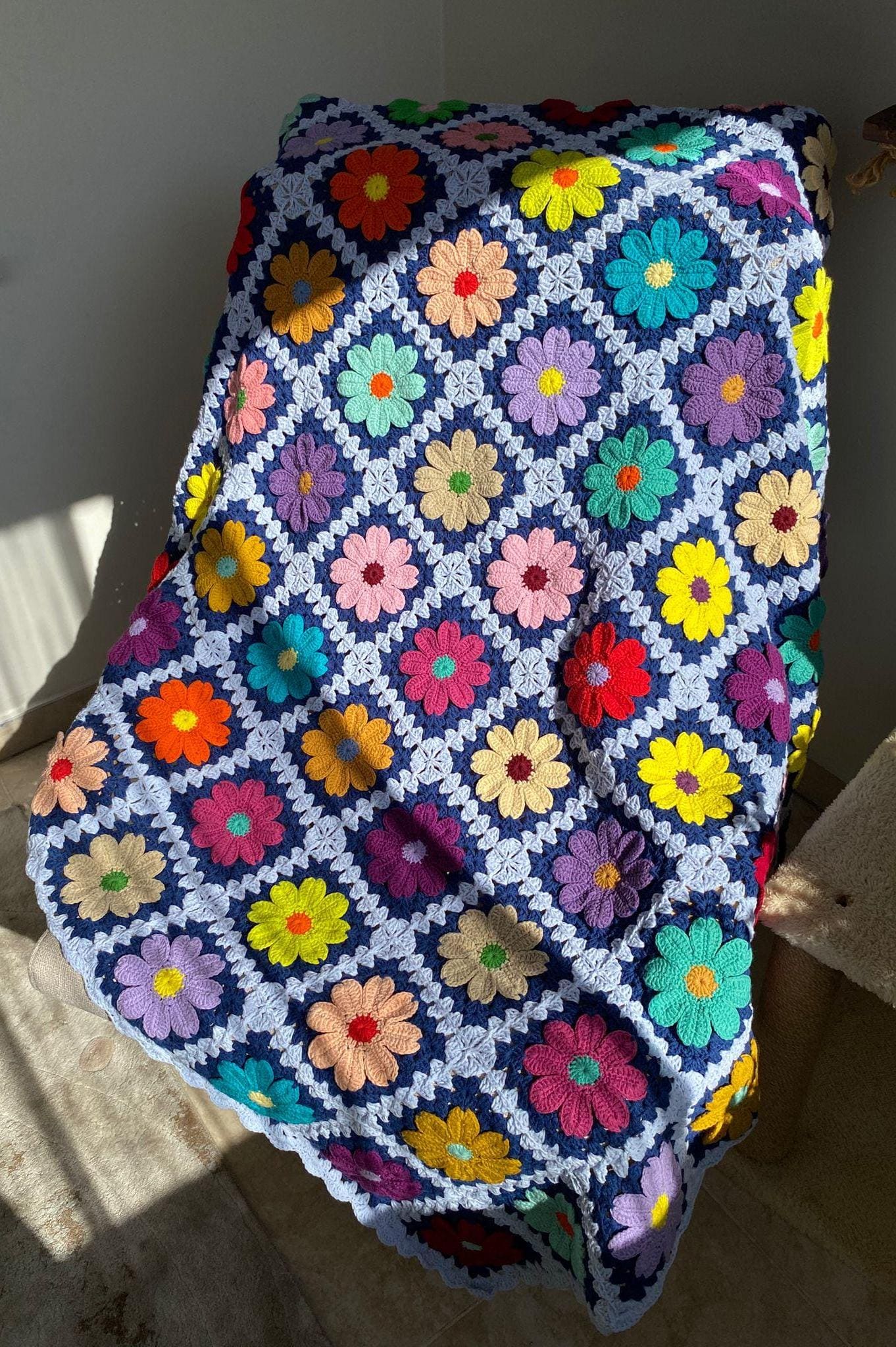 Crochet 3D Floral Blanket,large Daisy Afghan,handmade Blue Grandma