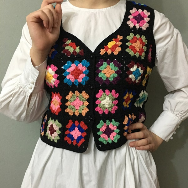 Crochet  Granny Square Vest, Colorful Crochet Waistcoat ,Boho Hippie Clothing, Woman Buttoned Granny Square Waistcoat, Festival Vest