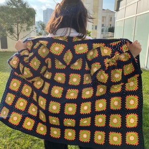 Crochet Granny Square Cardigan,Afghan Patchwork Cardigan,Handmade Woman Coat,Knit Boho Jacket,Dark Blue Cardigan,Gift for Mom,Gift for Her