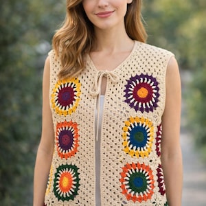 Handmade Crochet  Granny Square Vest, Knit Beige Boho Clothing, Woman Granny Square Sweater, Festival Waistcoat, Mother's Day Gift