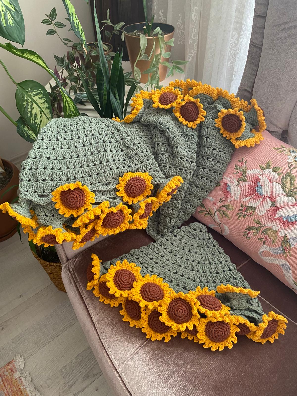 かぎ針編みブーケブランケット、ハンドメイド3Dひまわりブーケ、3D
