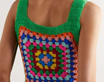 Crochet Granny Square Top, Green Woman Crochet Bralette, Crochet Blouse for Woman, Festival Clothing, Summer Top