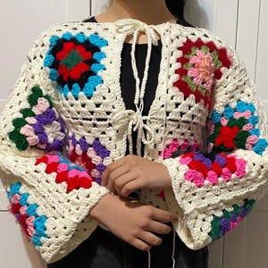 Crochet Pinterest Cardigan,Colorful Crochet Jacket,Knit Sweater for Women,Granny Square Cardigan,Vintage Clothes,Gift for Her,Gift for Mom