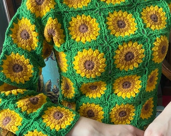 Crochet Sweater,Crocheted Sunflower Sweater,Knit Hippie Boho Festival Clothing,Crochet Granny Square Sweater