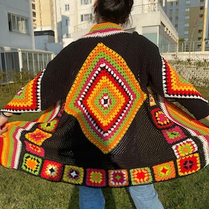 Crochet Granny Square Coat, Afghan Patchwork Cardigan , Woman Coat  Sweater, Boho Cardigan, Colorful Cardigan, Woman Jacket ,
