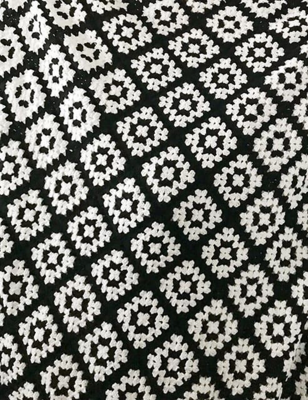 Crocheted Granny Square Black and White Blanket,crochet Bedspread,black