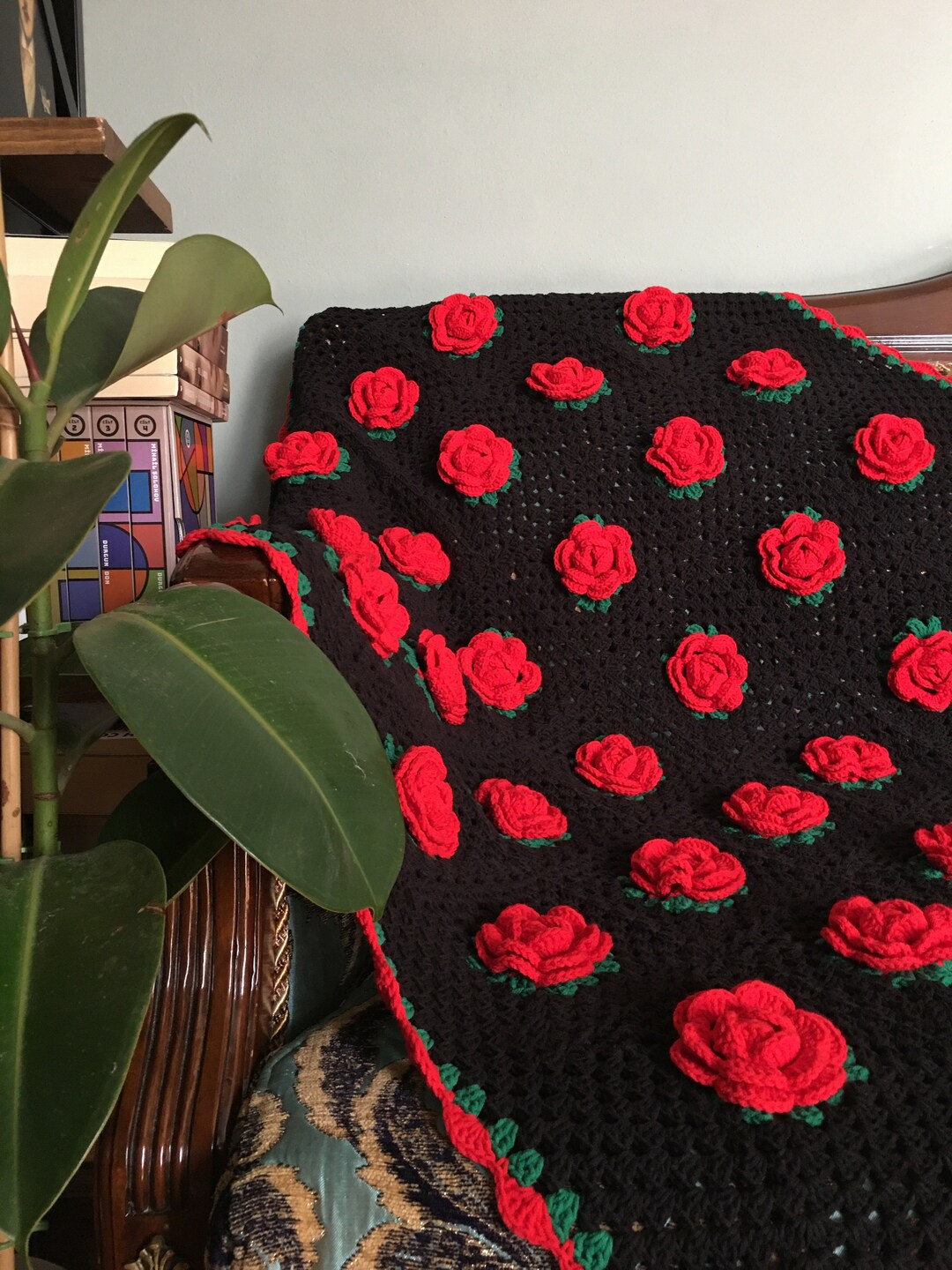 Crochet Red Rose Granny Square Blanket, Bedspread,sofa Blanket,throw,retro Blanket,afghan