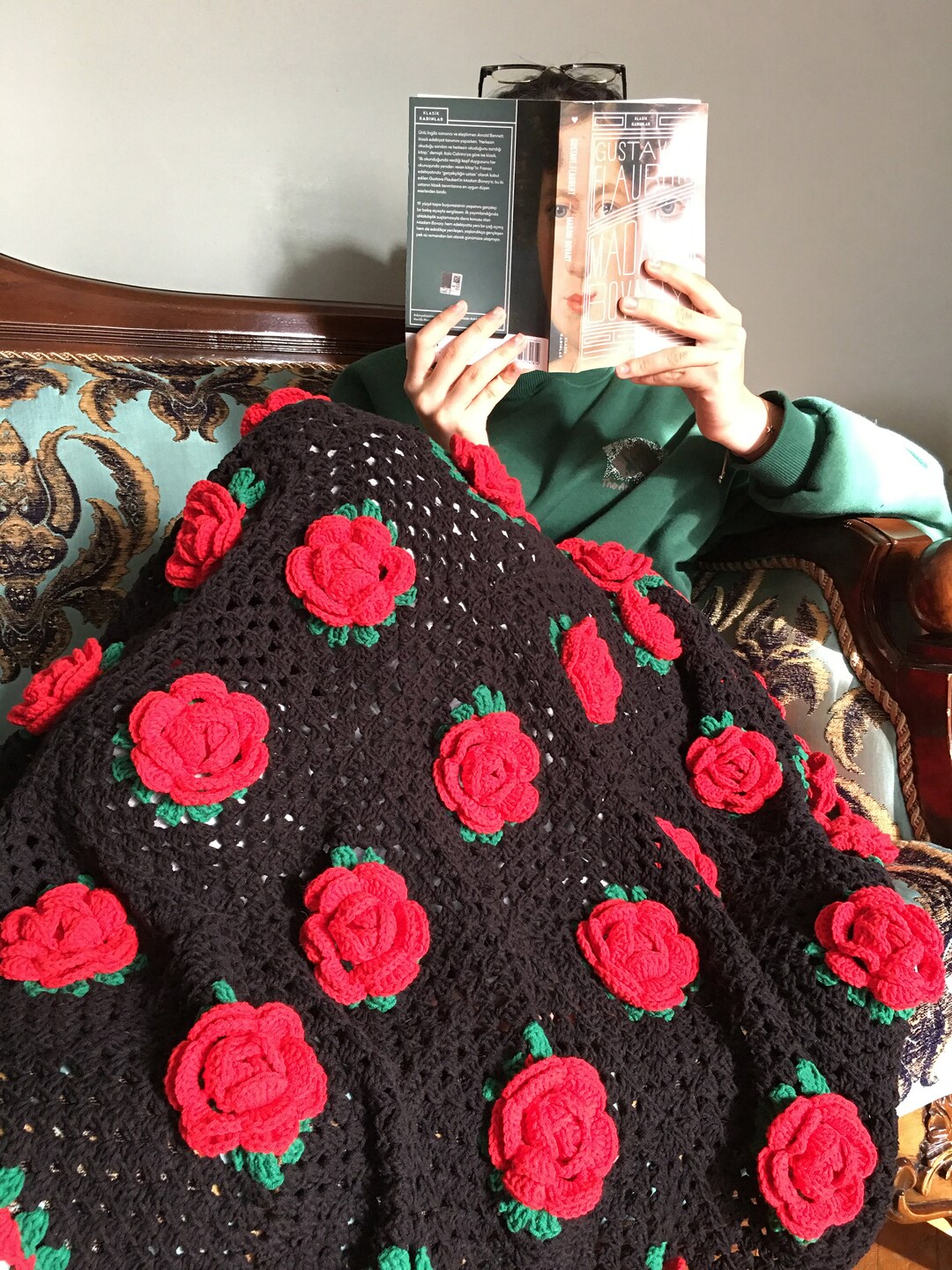 Crochet Red Rose Granny Square Blanket Bedspreadsofa Etsy