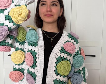 Crochet Jumbo Rose Cardigan, Knit Colorful Roses Coat, Pastel