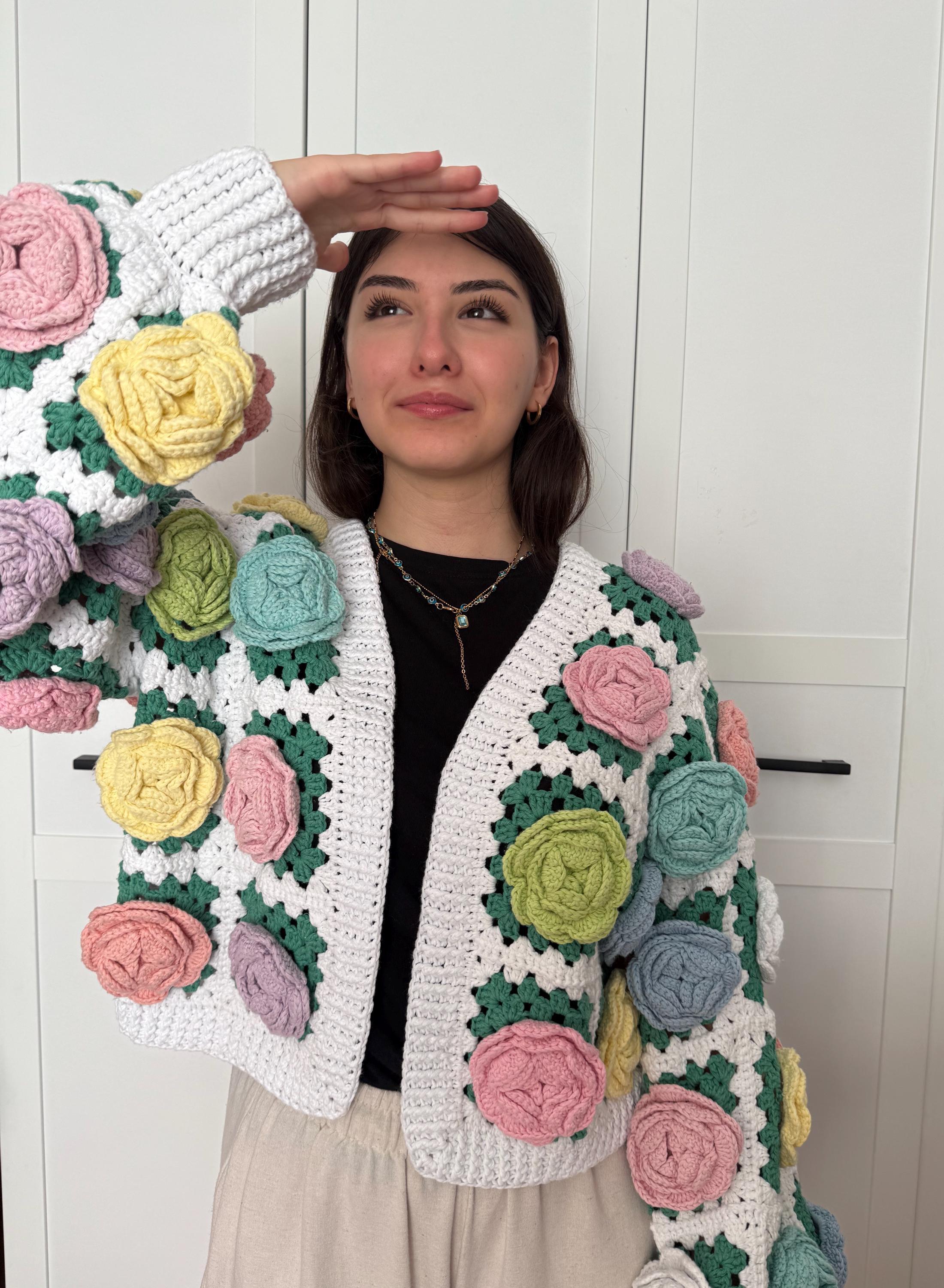 Crochet Jumbo Rose Cardigan, Knit Colorful Roses Coat, Pastel